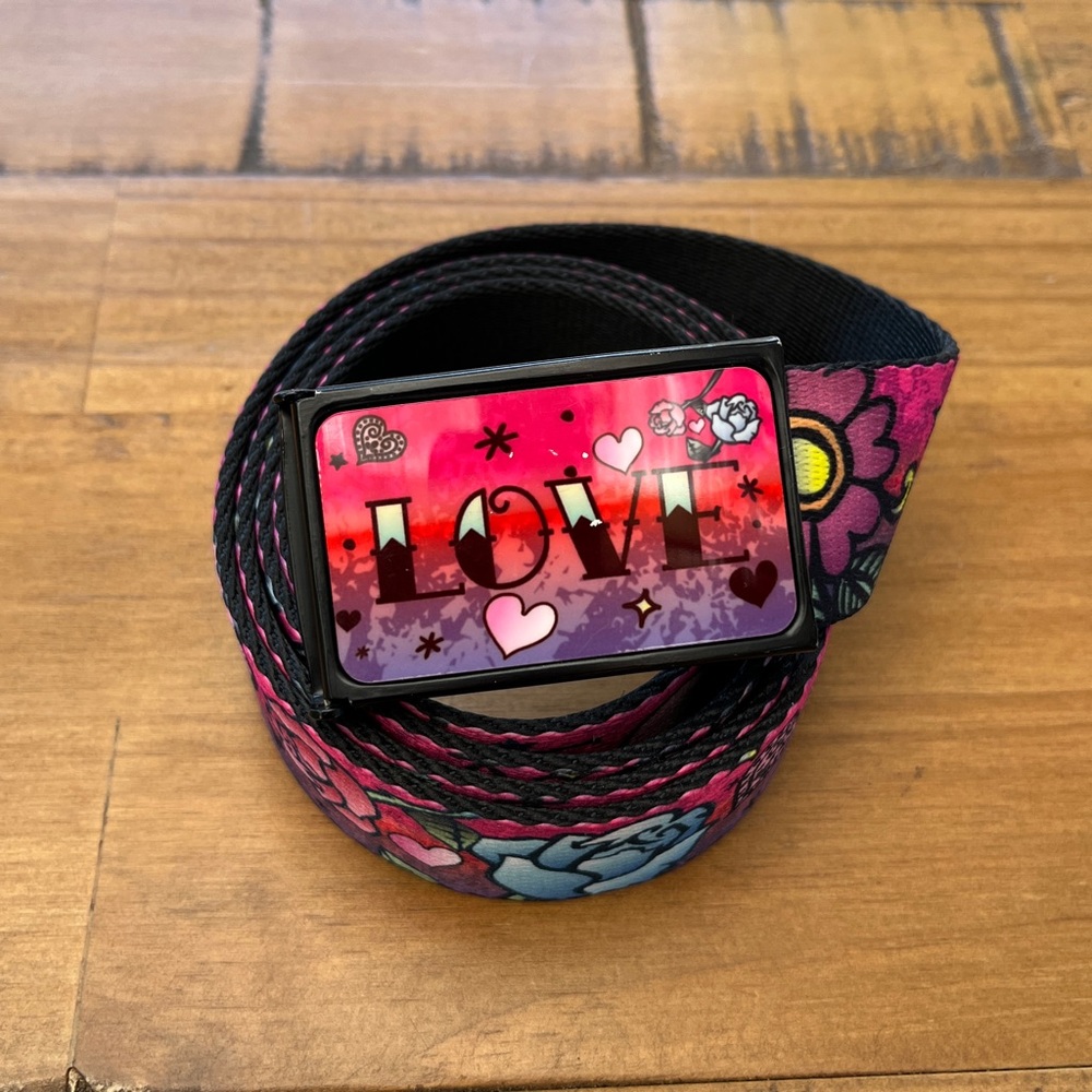 Buckle Down Unisex Love Web Tattoo Belt Pink & Black Sailor Jerry / Ed Hardy